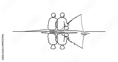 Lakeside Bonding. Minimalistic one-line drawing two figures reflected in a quiet lake with fishing line