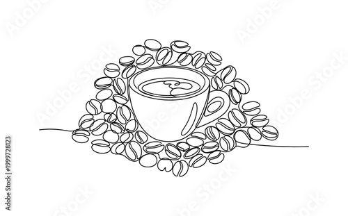 "Coffee still life". Minimalistic one-line drawing espresso cup placed among rounded coffee beans arranged naturally around it, continuous single black line on