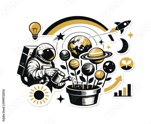 surreal composition of an astronaut tending to floating planets like flowers, symbolic icons and geometric