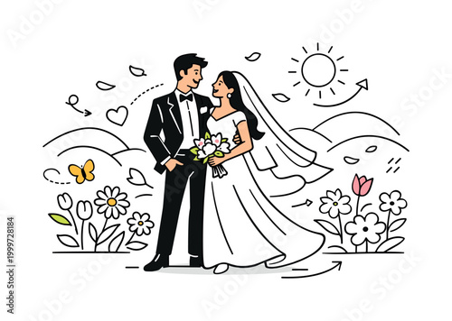 Wedding Portrait in Bloom. A minimalist spring garden scene with the bride and groom standing together,