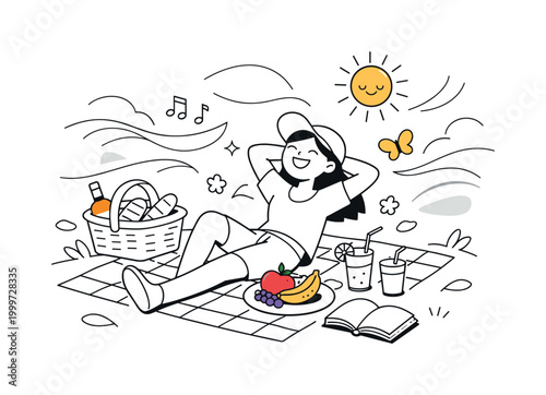 Park relaxation scene. A playful composition with picnic blanket, basket, fruits, and drinks, a smiling