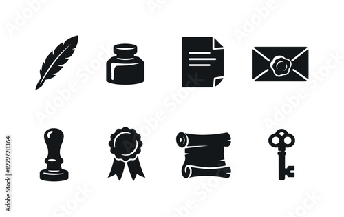 Vintage Correspondence. Filled icon set of Vintage Correspondence: quill pen, ink bottle, letter paper,