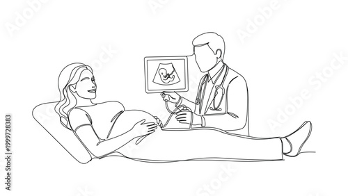 "Maternal Health Examination". Minimalistic one-line drawing a doctor and pregnant patient interacting during an ultrasound scan in a clean clinical