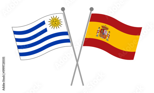 Free Download Uruguay and Spain crossed national flags on flagpoles representing diplomatic relations, international partnership and geopolitical cooperation vector illustration - GFXLoad