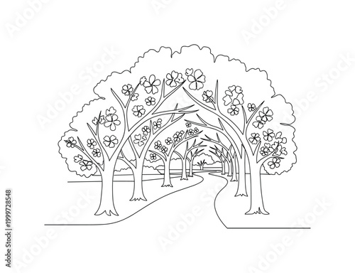 "Springtime stroll". Minimalistic one-line drawing pathway under arching cherry trees with soft curves indicating blossoms and park scenery, continuous single