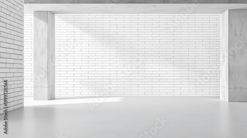 Empty Modern Room with White Brick Wall and Concrete Floor