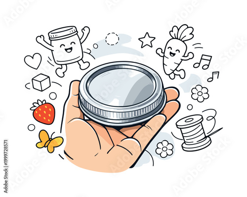 Mason jar lid. Close-up of mason jar lid held in hand, smooth metal texture with subtle highlights, minimal