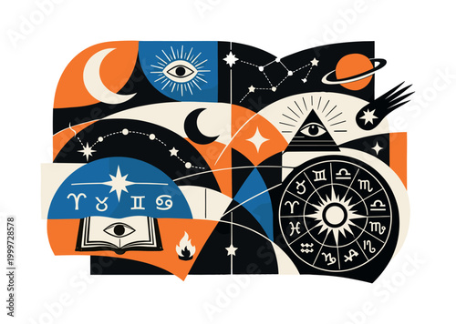 Abstract graphic collage featuring occult constellation symbols as a ritual map, black and white celestial