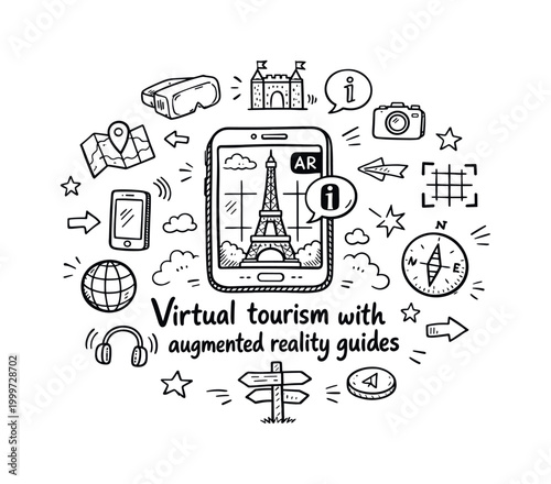 Virtual tourism with augmented reality guides. Hand-drawn doodle illustration of Virtual tourism with