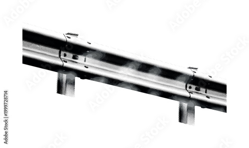 A metal guardrail segment with mist drifting across it, angled composition creating directional flow, black and white halftone illustration, textured dot