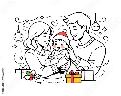 First holiday celebration with a baby. Parents gently holding a baby wearing a festive hat, surrounded by