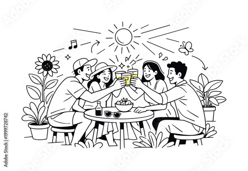Spring garden hangout. Friends clinking glasses in a garden setting, minimal table, plants and sunlight rays