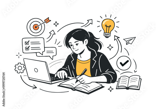 Mentor feedback improvement. Person reviewing notes from a mentor on a laptop and notebook, focused expression