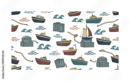 boats and ocean harvest, seamless pattern, repeating pattern, surface design, textile print, small boats fish crates ropes and waves arranged in a rhythmic