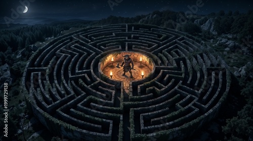 Mythological minotaur standing in center of complex stone labyrinth at night under moonlight greek mythology concept. Ancient game