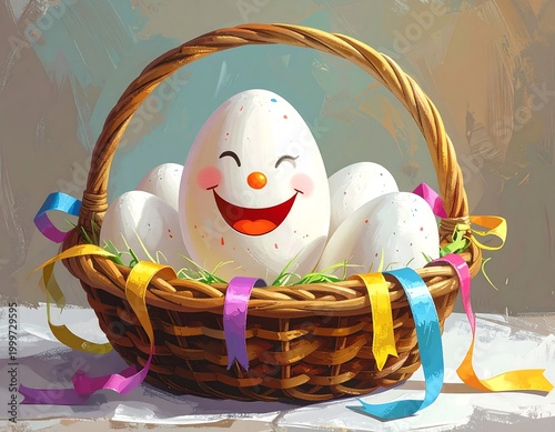 Wicker basket with cheerful, decorated eggs, colorful streamers. Digital illustration, soft colors, and warm lighting