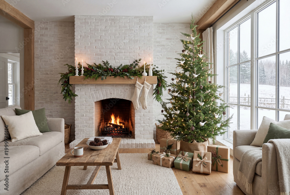 Fototapeta premium Cozy living room interior decorated for christmas with tree and fire