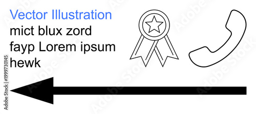 Communication, achievement, navigation, business concepts, guidance, recognition. Black arrow, award ribbon telephone icon placeholder text. Communication and achievement conceptual design