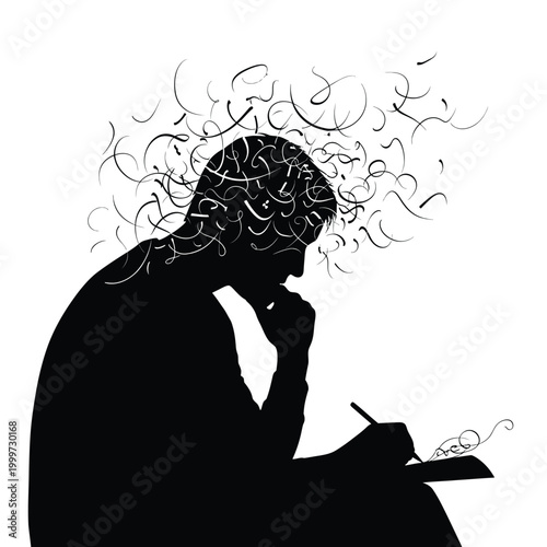 Silhouette of a person with creative thoughts and ideas flowing from their mind