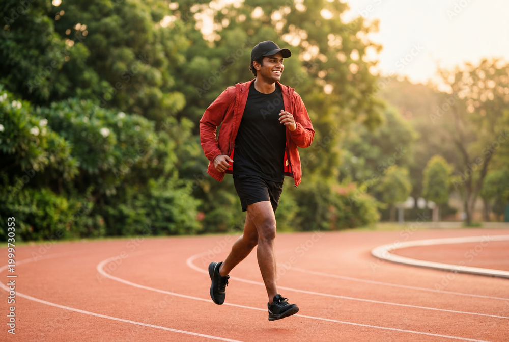 Fototapeta premium Cheerful young man in a red jacket running on a red athletic track surrounded by green trees