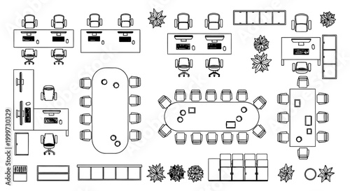 top view of office furniture and workstations office floor plan icons