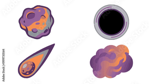 Various space objects with purple and orange color combination
