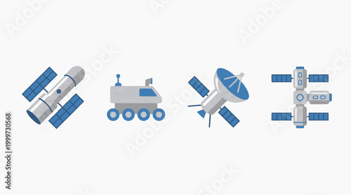 Space exploration icons illustrating spacecraft and satellites with futuristic designs