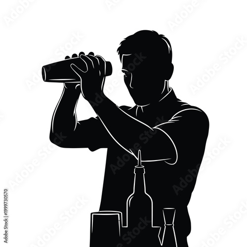 Silhouette of a bartender shaking cocktail ingredients in a shaker