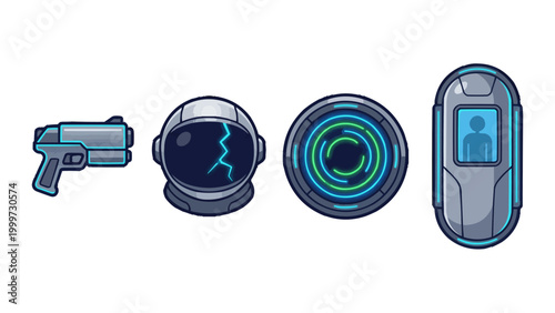 Illustration of space related weapon and equipment, including futuristic laser gun, astronaut helmet, and communication device. Futuristic science fiction elements arranged in a row.