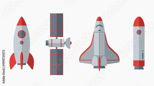 Illustrations of a rocket, a satellite, a space shuttle, and a rocket. All are depicted with flat design