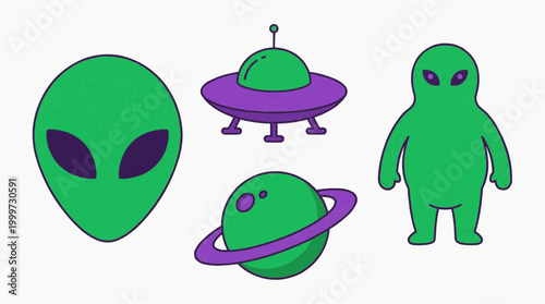 Cartoon depiction of Aliens and a spaceship, illustrating extraterrestrial life and space exploration