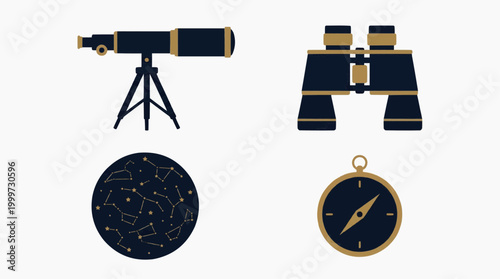 Set of astronomy exploration equipment: Telescope, Binoculars, Star Map, Compass
