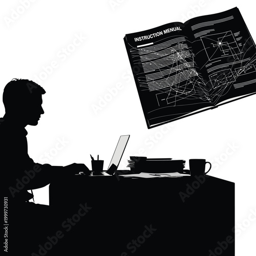 Silhouette of a man working on a laptop with an instruction manual in the background