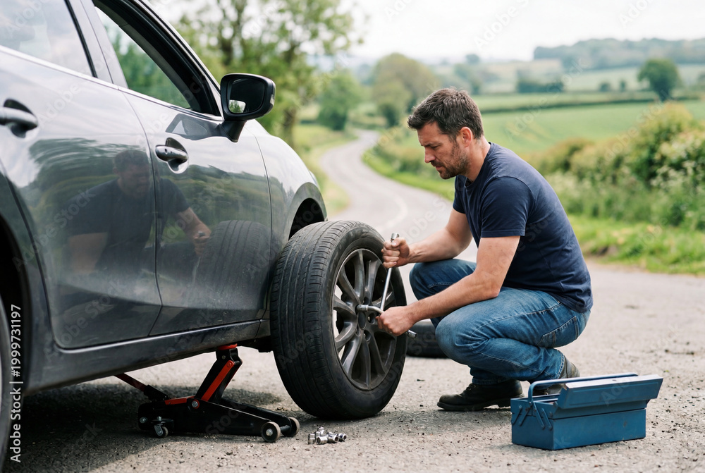 Naklejka premium Man using a wrench to change a flat tire on a grey car