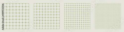 Square grid collection rounded cross geometry, four samples blueprint style. Smooth junction lattice structure, interface layouts editorial compositions planning sheets digital technology graphics.