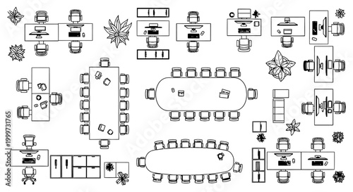 top view of office floor plan with desks chairs and plants interior design autocad