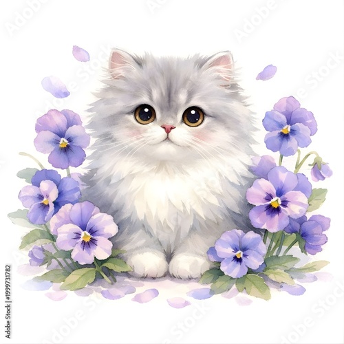 Watercolor fluffy kitten with purple pansy flowers isolated on white background 