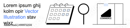 Time management, business planning, e-commerce, schedule organization, decision-making, digital commerce. Calendar, magnifying glass and commerce visual. Time management and business planning