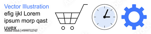 E-commerce, time tracking, productivity tools, business operations, workflow management, online retail. Shopping cart, clock and gear icons . E-commerce and time tracking conceptual