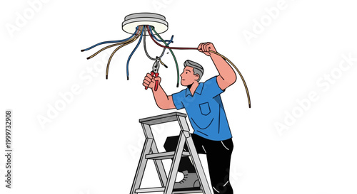 Electrician man on ladder cutting electrical wires for ceiling light fixture installation or repair