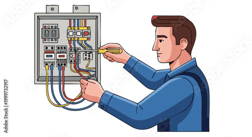 Electrician technician working on electrical fuse panel with screwdriver vector illustration