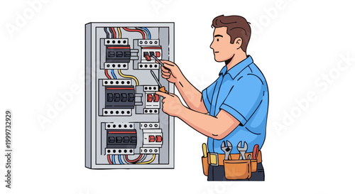 Electrician worker fixing electrical breaker panel with screwdriver illustration