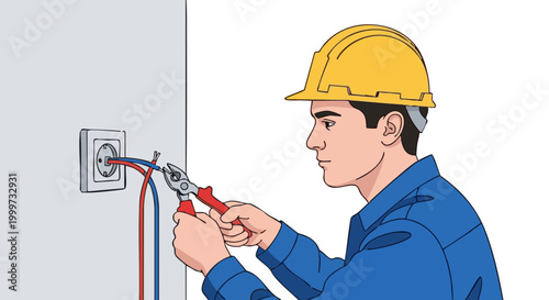 Electrician in hard hat cutting electrical wires with pliers for wall socket installation