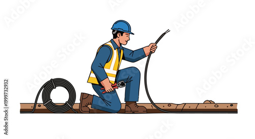 Electrician technician in hard hat laying outdoor power cable with tools