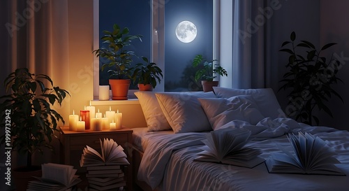 Tranquil bedroom scene with moonlight and candles for relaxation and calm
