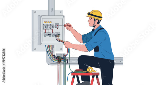 Electrician installing electrical panel, wiring distribution board with screwdriver