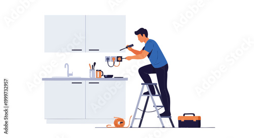 Handyman or electrician working on wall socket in kitchen. Man on stepladder doing home repair and maintenance. Vector illustration