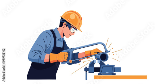 Industrial worker cutting metal pipe with hacksaw vector illustration
