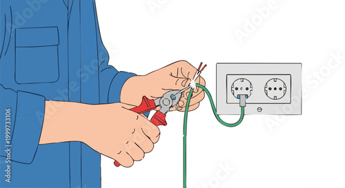 Electrician hands cutting electrical wire with pliers near wall outlet