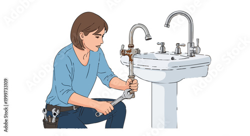 Capable woman replacing rusty sink faucet with new fixture. Home repair vector illustration